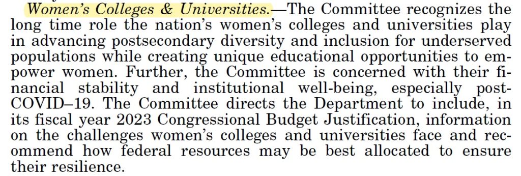 Extract of the appropriations bill recognizing the role of women's colleges